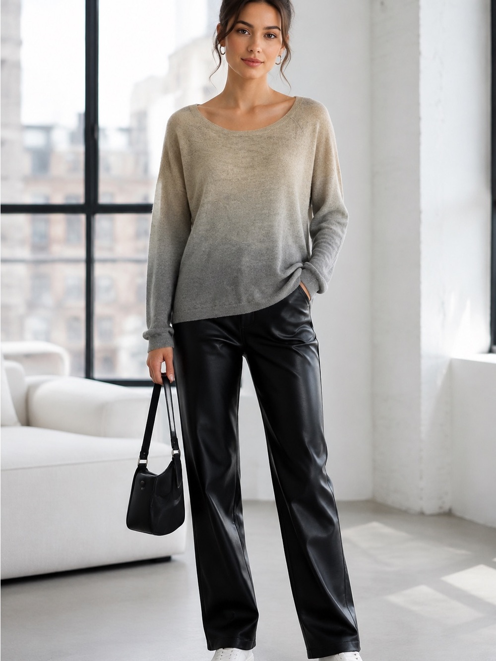 Vince Dip Dye Ombre Raglan Sweater S Wool Cashmere Beige Gray Quiet Luxury